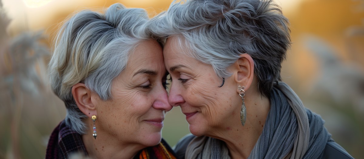 Two older women with grey hair resting their foreheads together in warm evening light