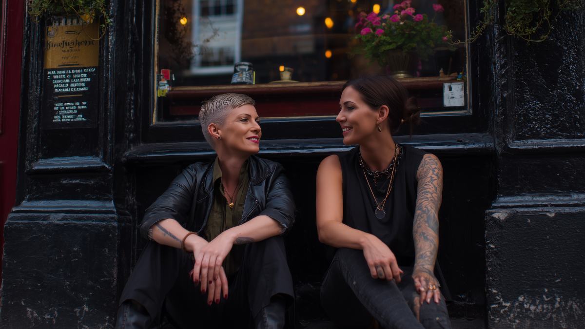 Two women sitting outside a city pub in the evening, talking