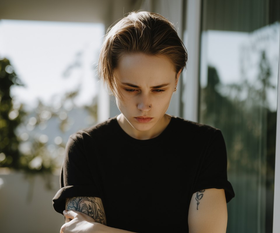 A masc-presenting woman in a black t-shirt standing by a window in soft daylight
